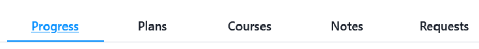 Navigation tabs showing Progress, Plans, Courses, Notes, and Requests with Progress tab selected